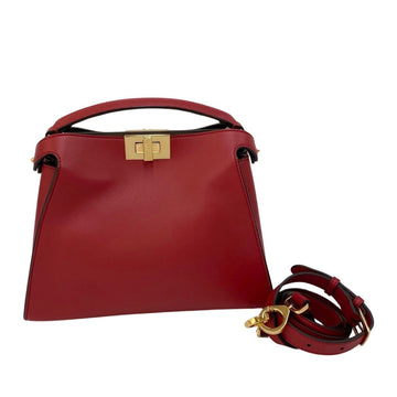 FENDI Peekaboo logo metal fittings leather genuine 2way mini shoulder bag handbag red 63410