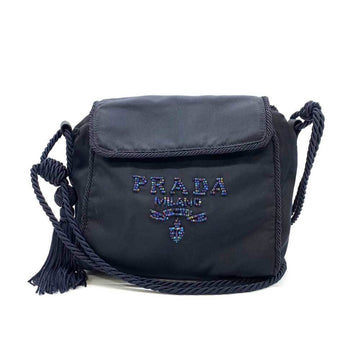 PRADA Bag Shoulder Dark Navy Beads Embroidery Cube Tassel Ladies Nylon