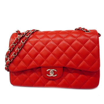 CHANEL Shoulder Bag Matelasse W Flap Chain Lambskin Red Ladies