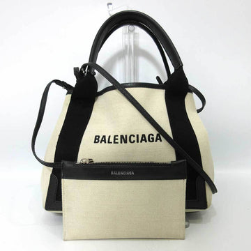 BALENCIAGA Bag Navy Cover XS Ivory x Black White Mini Tote Handbag Shoulder 2way Ladies Canvas Leather 390346