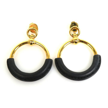 HERMES Earrings Loop Grand Metal/Leather Gold/Black Ladies