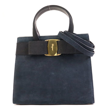 SALVATORE FERRAGAMO Handbag Shoulder Bag Vara Ribbon Suede/Canvas Navy/Black Gold Ladies