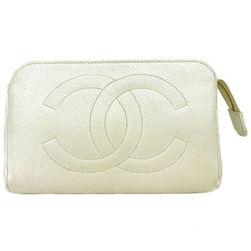 Chanel Pouch White Coco Mark A13500 Caviar Skin 4th CHANEL Ladies Makeup Leather