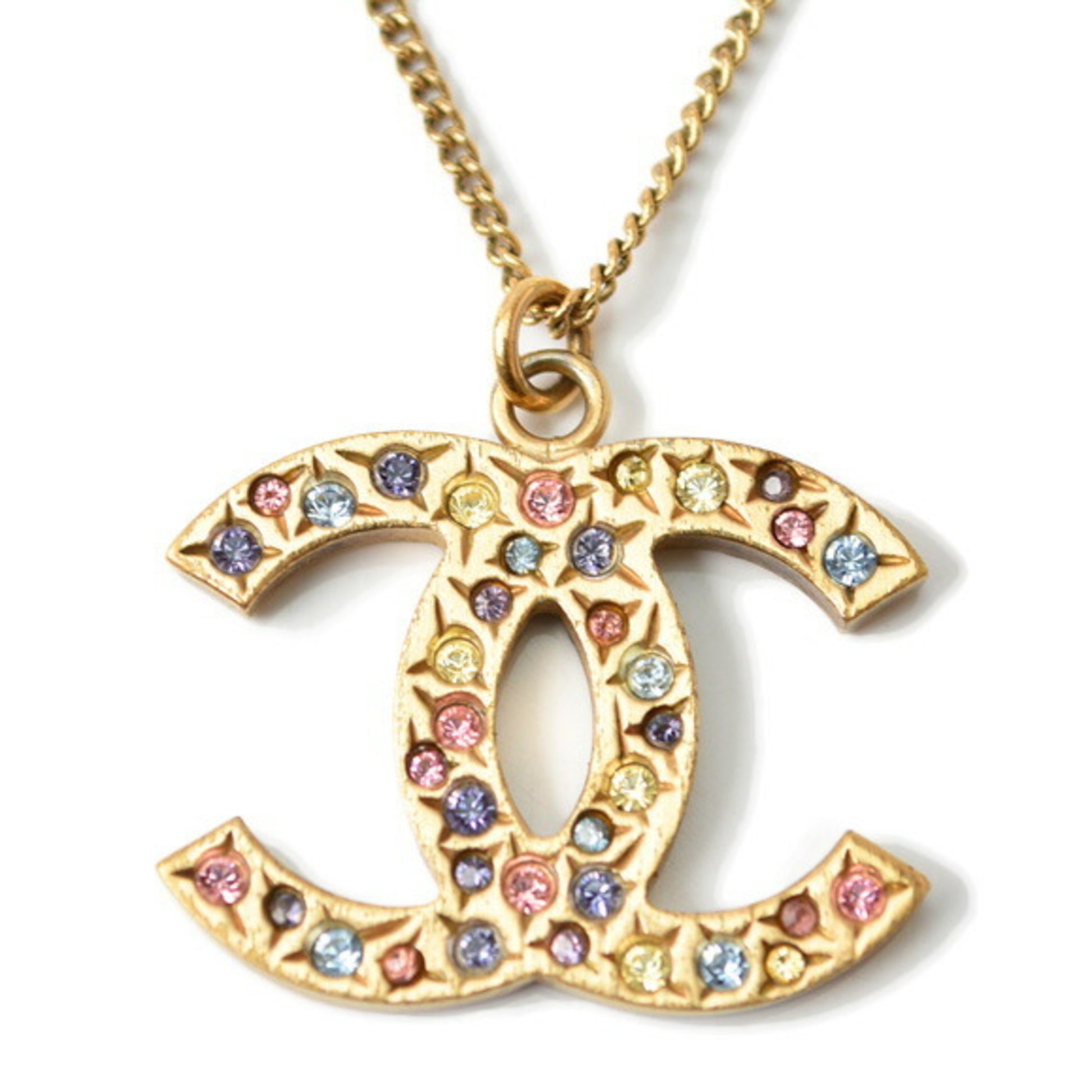 CHANEL necklace pendant here mark CC rhinestone gold multi