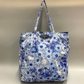 PRADA Triangle Logo Metal Fittings Floral Pattern All Over Nylon Tote Bag Handbag Eco Blue White