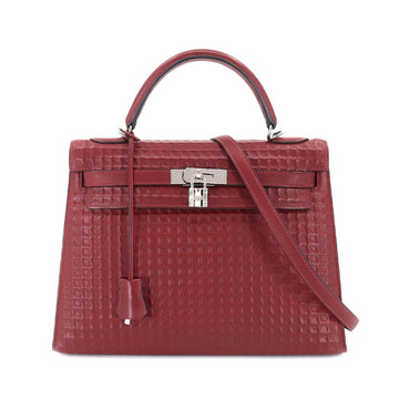HERMES Kelly 32 Waffle 2way Hand Shoulder Bag Deutch Rouge Ash G Stamp Outer Stitching Silver Metal Fittings