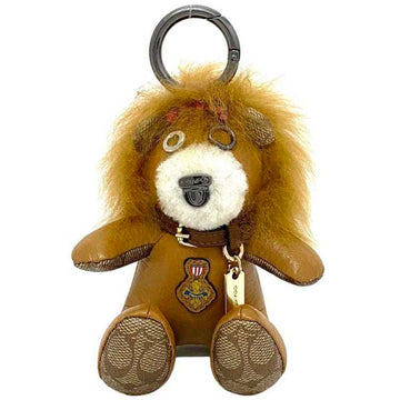 COACH Bag Charm Brown Beige Silver Signature 39718 Lion Wizard of Oz Leather PVC Fur  Keyring Animal WIZARD OF Z Keychain Women's