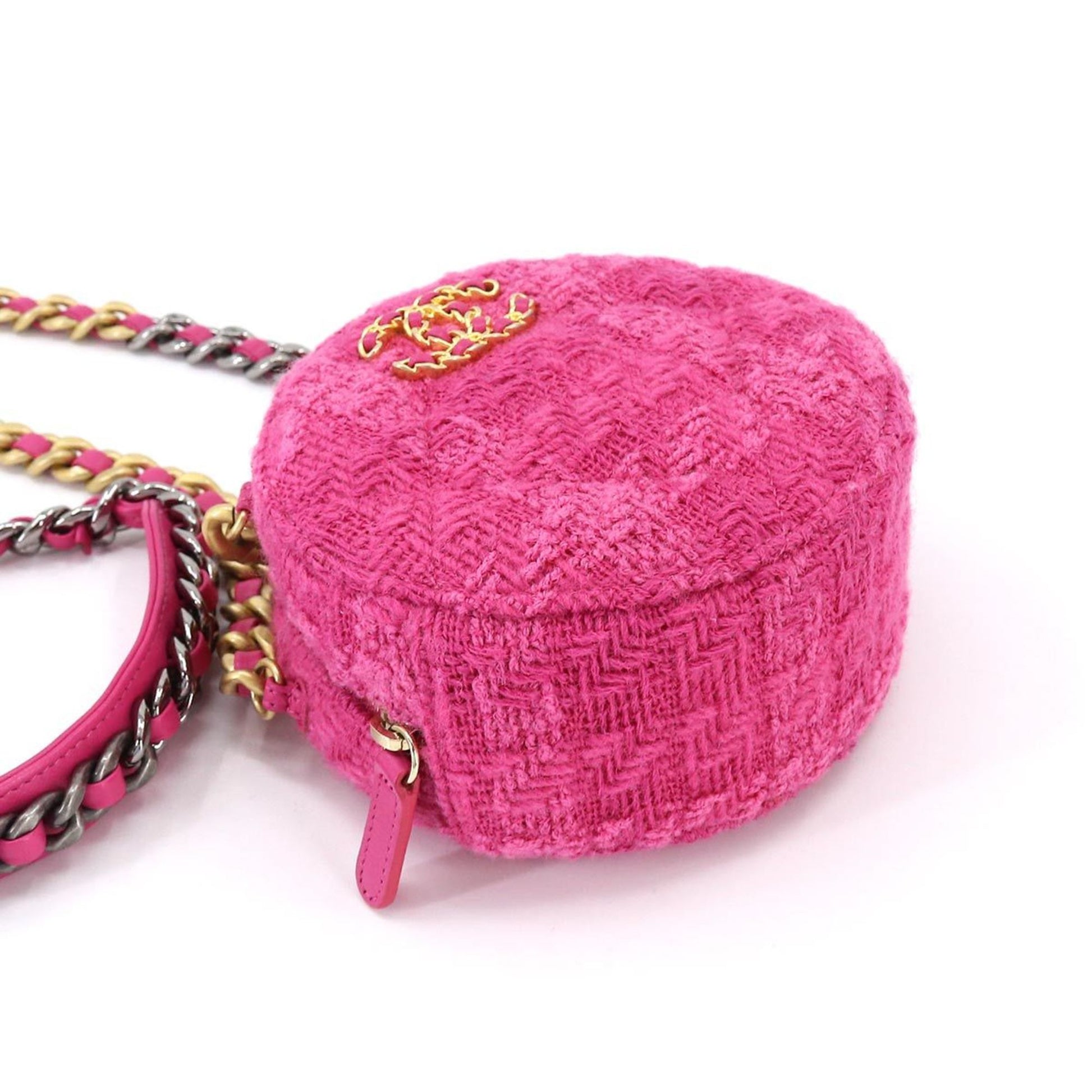 CHANEL 19 Bag with round chain shoulder bag tweed leather pink pouch