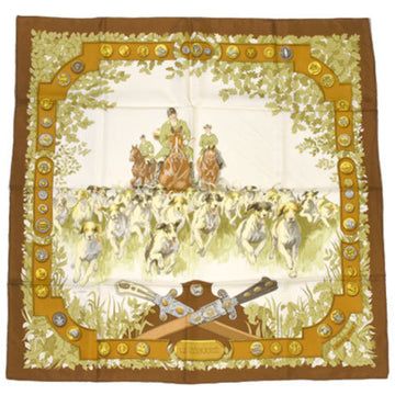 HERMES Carre 90 Silk Scarf Le Debuche Riding Hunting Dog Gold