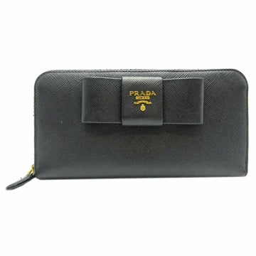 PRADA Ribbon Round Zipper Wallet Ladies' Long 1ML506 Saffiano Leather NERO Nero Black