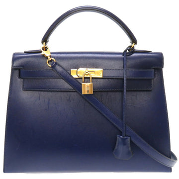HERMES Kelly 32 Outer sewing box calf blue Roy 〇Y stamped handbag