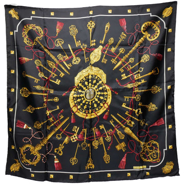 HERMES LES CLES Key Carre 90 Large Scarf Shawl Stole Women's Silk 100% Black/Gold/Red 90x90cm