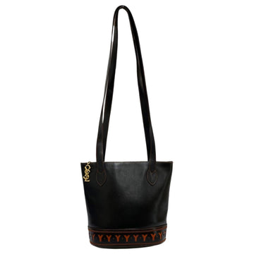 SAINT LAURENT Yves  Vintage YSL Logo Metal Fittings Cutout Leather Genuine Tote Bag Black