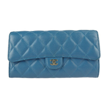 Chanel Classic Long Flap Wallet Matelasse Bifold AP0241 Caviar Skin Blue Gold Metal Fittings 30 Series