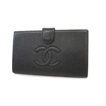 Chanel bi-fold long wallet caviar skin black gold metal