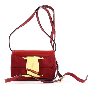 SALVATORE FERRAGAMO Crossbody Shoulder Bag Rose Ribbon Leather Red Gold Ladies