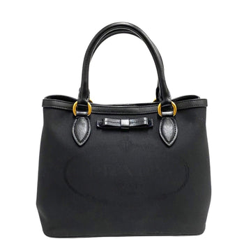 PRADA Logo Jacquard Leather Genuine Canvas Handbag Mini Tote Bag Black