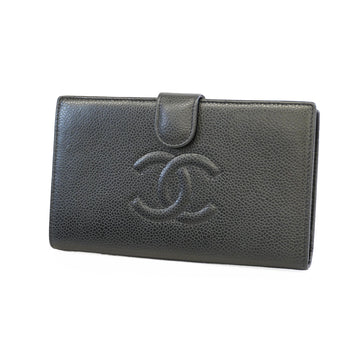 Chanel bi-fold long wallet caviar skin black gold Metal