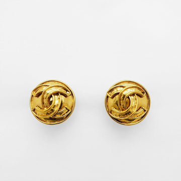 CHANEL 94P Vintage Round Coco Earrings Gold Border Logo