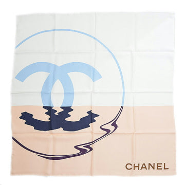 CHANEL Scarf Cocomark White/Beige/Blue Silk 100%