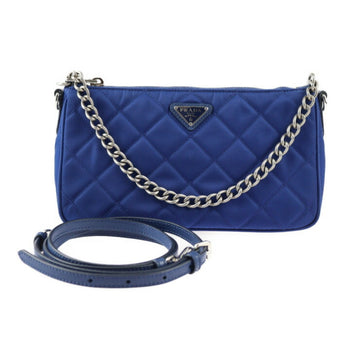 PRADA 2WAY shoulder bag handbag 1BH026 nylon leather blue silver hardware chain quilting triangle logo