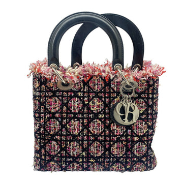 CHRISTIAN DIORDIOR  Lady Tweed Leather Handbag 2WAY Bag Pink/Black with Multicolor Strap Women's Popular Present