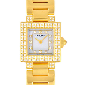 Chaumet Style Carre Diamond Bezel 12P Index K18YG Gold Ladies Quartz Watch Shell Dial