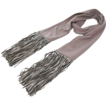 HERMES 100% cashmere lambskin leather fringe scarf gray silver 0392