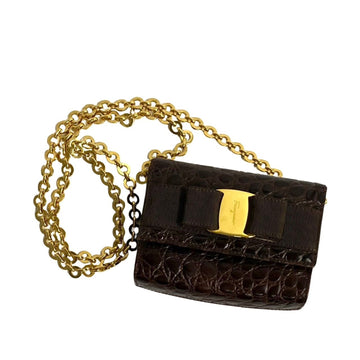 SALVATORE FERRAGAMO Vara Ribbon Leather Chain Shoulder Bag Brown 73233