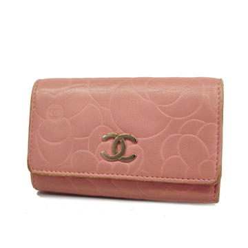 CHANELAuth  Camellia Gold Hardware Women's Leather Key Case Pink