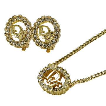 CHRISTIAN DIOR Necklace Earrings Women's Brand GP Rhinestone Gold 2 Piece Set