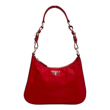 PRADA Triangle Logo Metal Fittings Nylon Patent Leather Semi Shoulder Bag Mini One Handbag Red