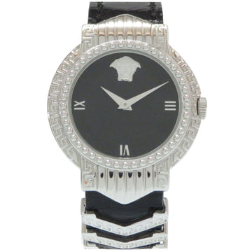 Gianni Versace Quartz Watch Medusa Gold Plated Leather Black Silver Dial Ladies