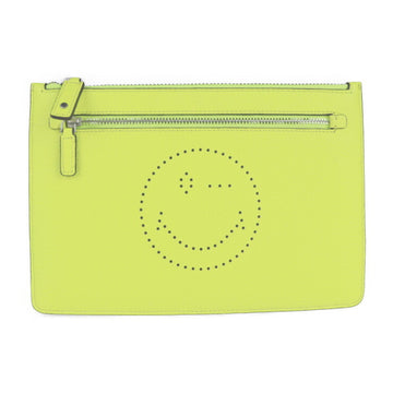ANYA HINDMARCH Double Zip Pouch Smiley Calf Neon Yellow Clutch Bag Multi Case