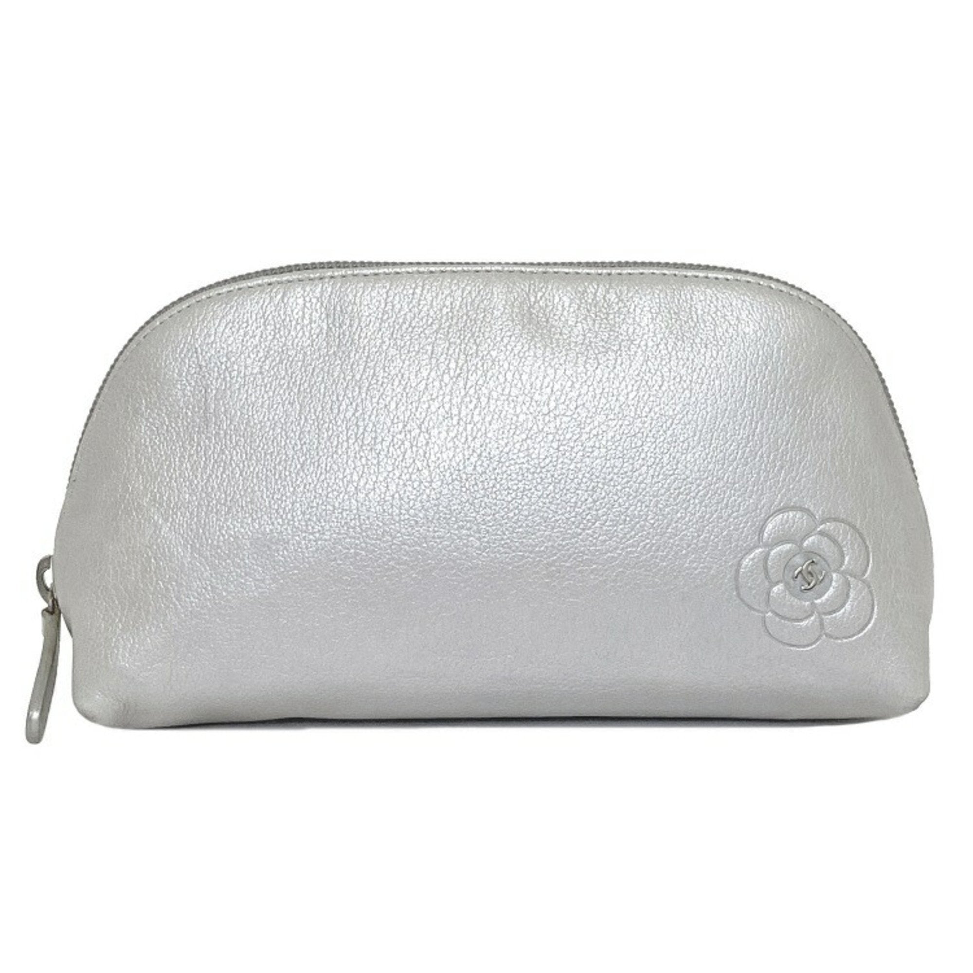 Chanel Pouch Silver Camellia 7522 Coco Mark Leather Lambskin 13s CHANE
