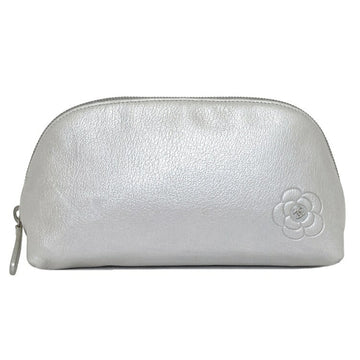 Chanel Pouch Silver Camellia 7522 Coco Mark Leather Lambskin 13s CHANEL Makeup Multi Flower Ladies
