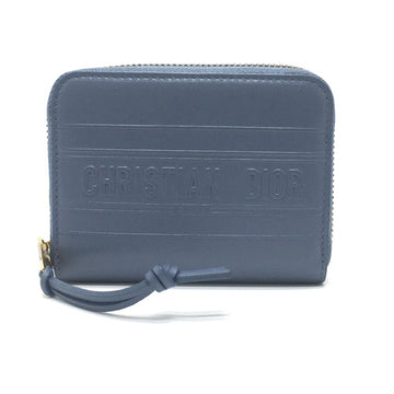 CHRISTIAN DIOR Dior Striped Wallet Round Zipper Coin Case Leather Ladies Denim Blue