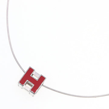 HERMES Choker Cage Do Ash H Cube Silver Red Metal Enamel Necklace Chain Ladies