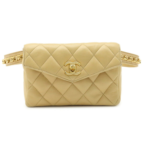 Chanel matelasse here mark waist bag pouch belt clutch leather beige #