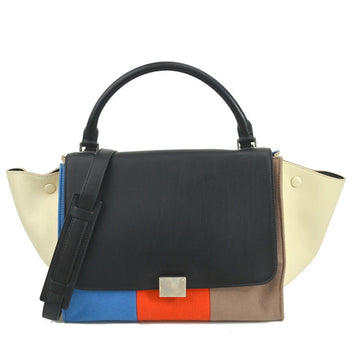 CELINE Handbag Shoulder Bag Trapeze Leather/Wool Black/Multicolor Silver Women's