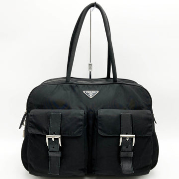 PRADA handbag tote bag black nylon front pocket crochette cadena men's women's USED