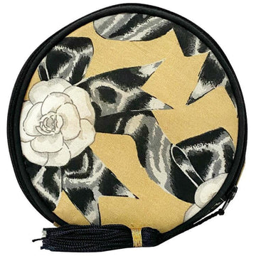 Chanel pouch beige white black camellia canvas vinyl CHANEL flower tassel round