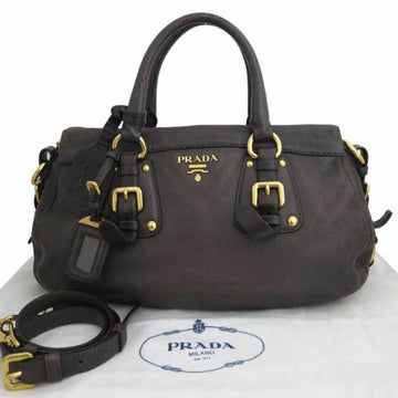 Prada 2way bag logo brown x gold metal fittings leather handbag shoulder ladies