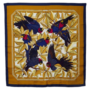 HERMES Carre90 Les Perroquets detail Bird Parrot Scarf Muffler Gold Navy Silk Ladies