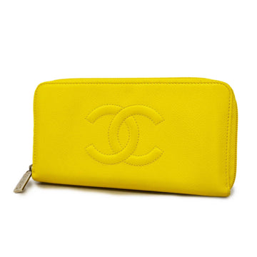 CHANELAuth  Silver Metal Fittings Women's Caviar Leather Long Wallet Yellow