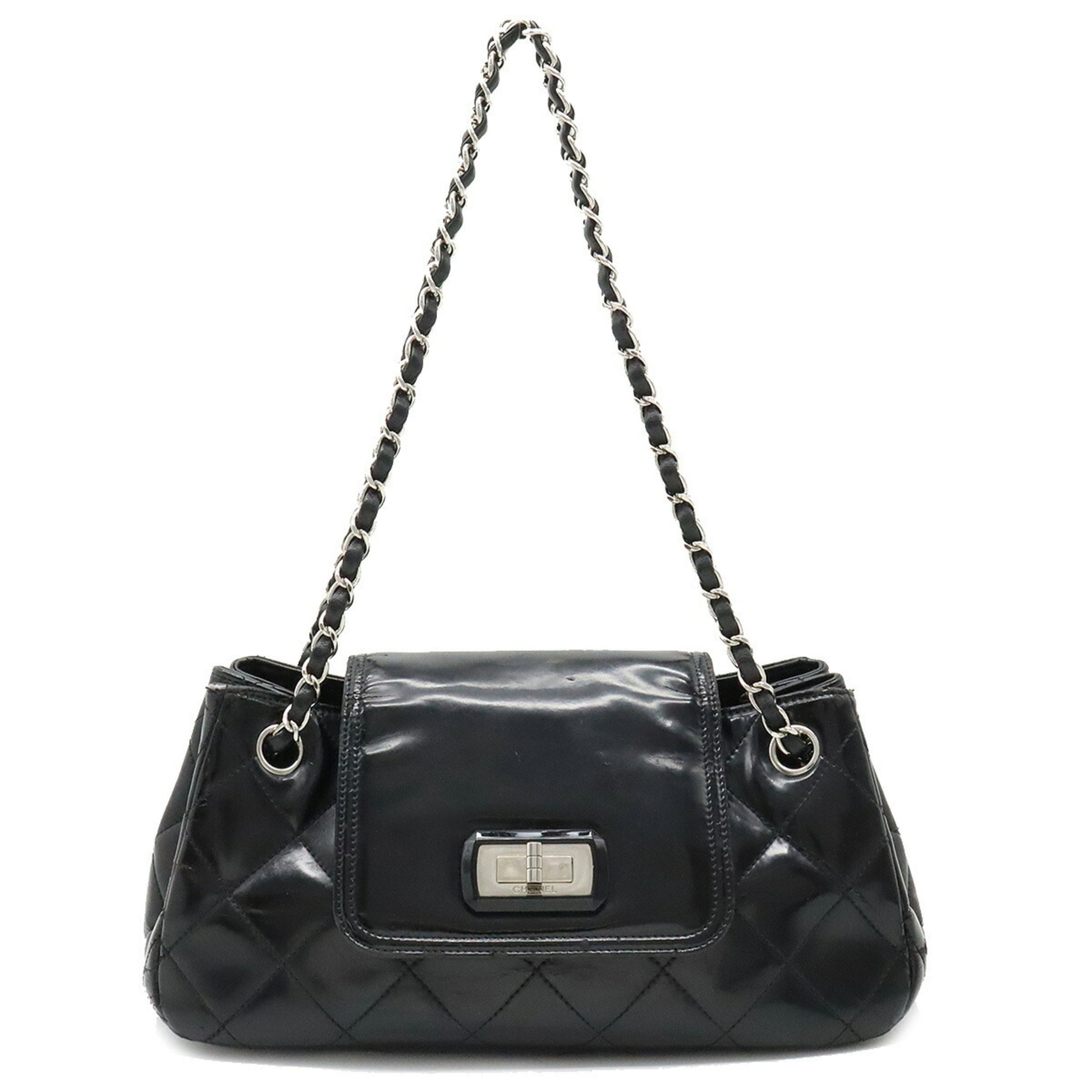 CHANEL 2.55 Matelasse W Chain Bag Shoulder Patent Leather Black