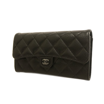 Chanel bi-fold long wallet matelasse caviar skin black silver metal