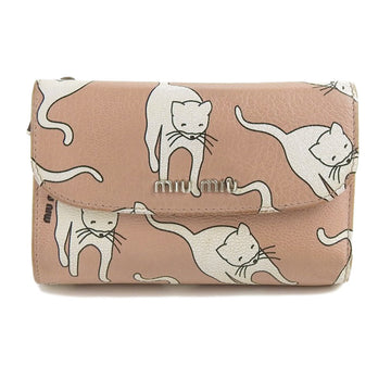 Miu MIUMIU cat pattern tri-fold wallet leather pink x white 5ML225