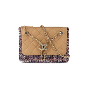 Chanel chain shoulder bag pouch leather tweed beige red gold metal fittings here mark Shoulder Bag