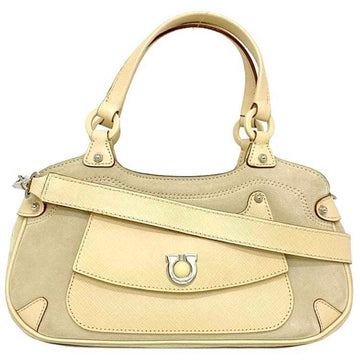 Salvatore Ferragamo 2way Bag Beige Gancini BK-21 Leather Suede Shoulder Handbag